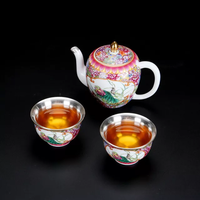 999 Sterling Silver Tea Pot 2 Matching Tea Cup Color Enamel Porcelain Tea Set