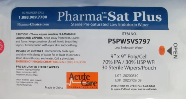 Limpieza baja en endotoxinas Pharma-Sat Plus estéril pre-sat alcohol 9x9 70% IPA/30% USP WFI