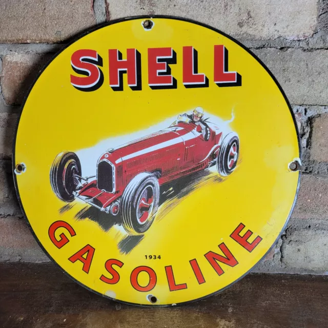 Vintage Dated 1934 Shell Gasoline Porcelain Metal Gas Pump Sign Motor Oil 12"