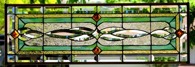 Stained Glass Transom window hanging  33 X 12   incl hooks, Brass Frame