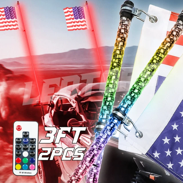 3ft RGB Spiral LED Whip Lights Antenna Chase w/ Flag Remote for ATV UTV JEEP