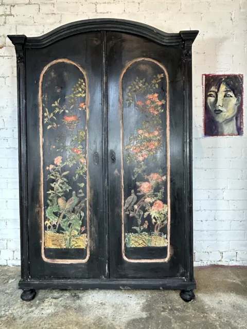 Vintage Painted Pine Cupboard/ Armoire With Inlaid Chinoiserie Panels