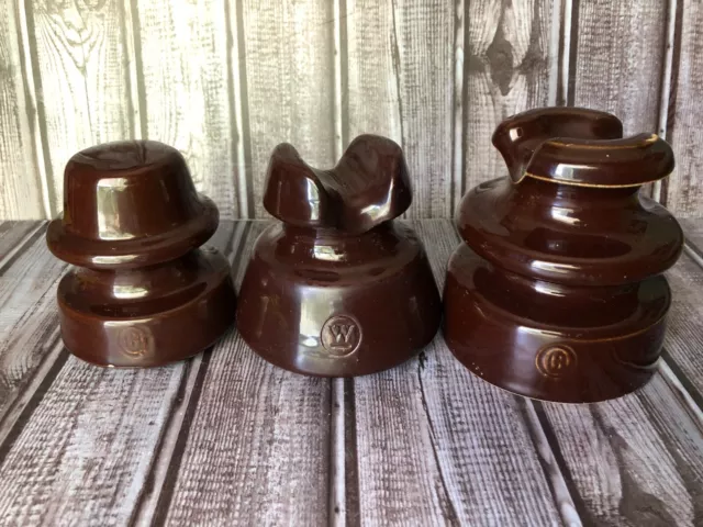 Mixed Lot 3 Vintage Porcelain Brown Insulators 2 OB Ohio Brass + 1 Westinghouse