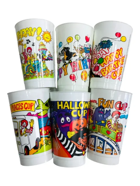 6 LOT McDonalds HAPPY BIRTHDAY Halloween GOING PLACES Fun Plastic Cups 1980s