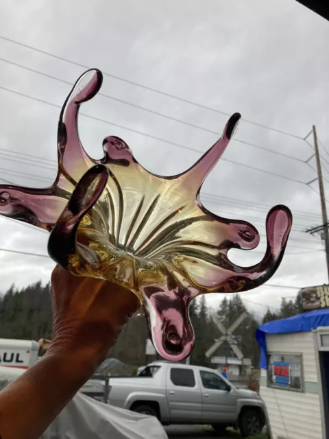 Antique Mid Century Glass Bowl Hung Swung Loopy Dish Purple Gold Drippy Blown