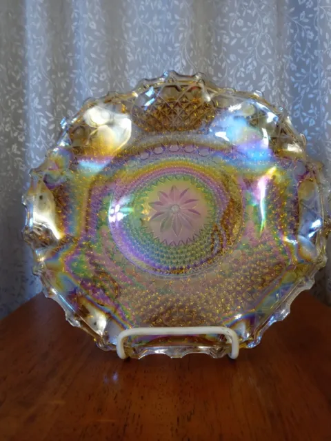 Vintage Indiana Iridescent Amber Carnival Glass Marigold Scalloped Edge 9.5"