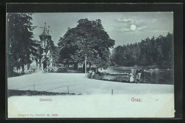 Mondschein-AK Graz, Hilmteichschlössl mit Hilmteich im Mondschein 1899