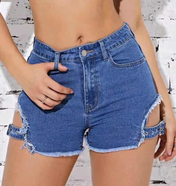 Womens Size 16 UK Buckle Strap Cutout Denim Shorts Raw Hem New Distressed XL Alt