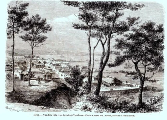 GRAVURE SUR BOIS 19ème VUE DE LA VILLE ET DE LA RADE DE YOKOHAMA JAPON
