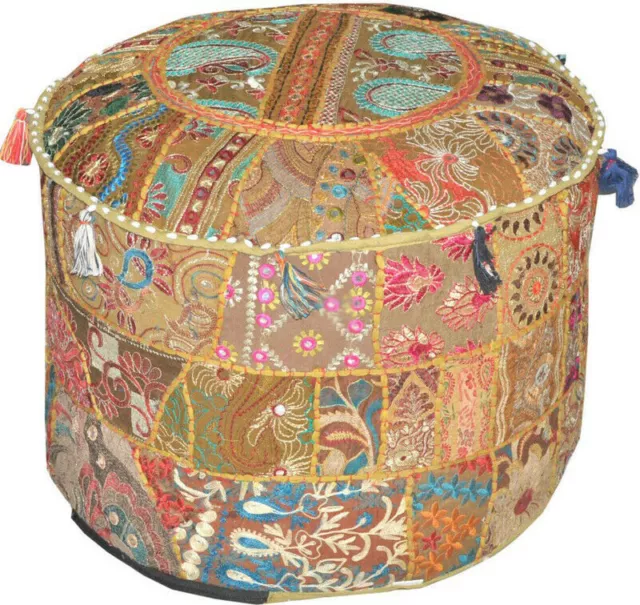 Ottoman Pouf Cover Indian Cotton Round Foot Stool Cover Floor Decor Handmade