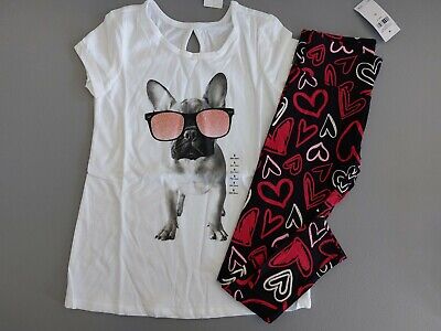 NWT Justice Girls Outfit Bulldog Top/ Heart Leggings Size 6 7