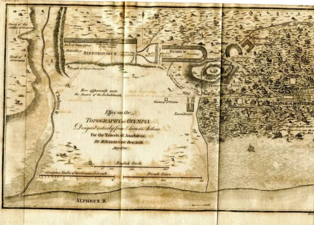 1780 Map Topography Olympia Barbie Du Bocage  Travels Of Anacharsis Greece