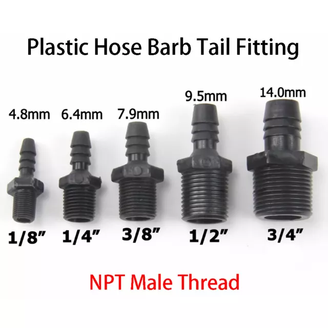 Plastic Hose Barb Tail Fitting NPT Male Thread 1/8 1/4" 3/8"-3/4" Pipe Connector