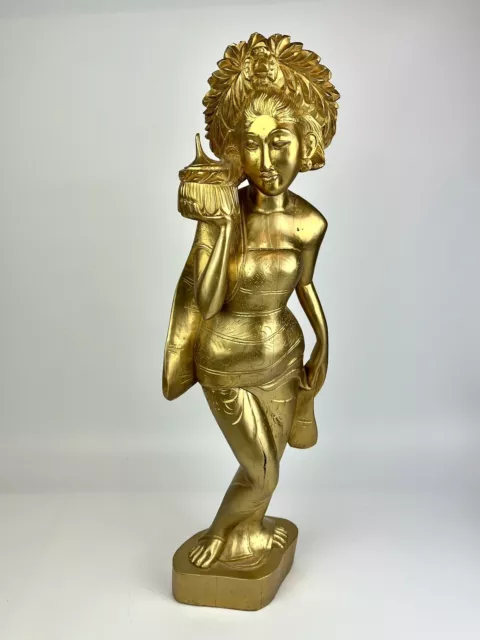 Saraswati Hindu Balinese Goddess Gold Wood Carving Lady Statue Large 24" Tall