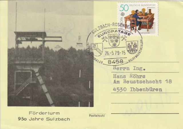 Bergbau Ganzsache 1979 mit Förderturm Sulzbach