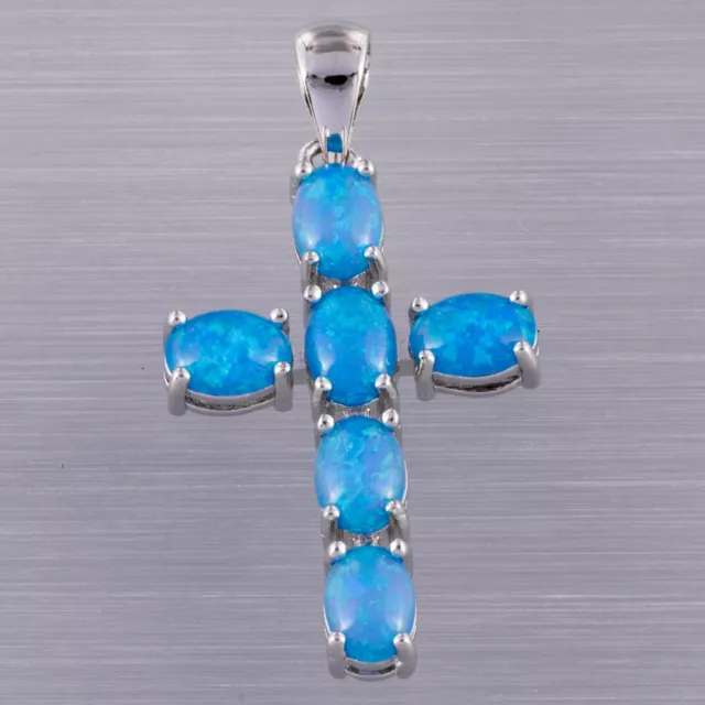 Latin Cross Oval Ocean Blue Fire Opal Cabochon Silver Jewelry Necklace Pendant