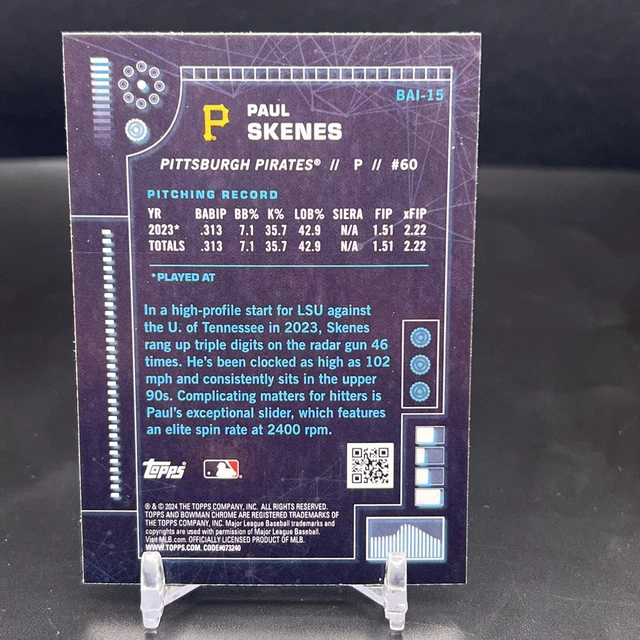 PAUL SKENES 2024 Bowman Chrome AI Pittsburgh Pirates Prospect Card BAI