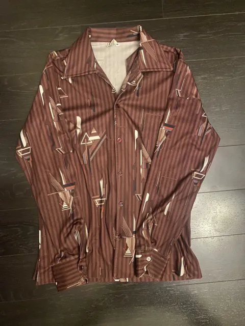 Vintage 70’s Brown Polyester Geometric Shirt Disco Size Medium