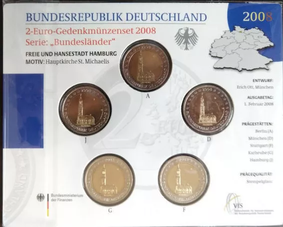 2008 BRD 2 Euro Gedenkmünzenset A D F G J Hamburg St. Michaelis