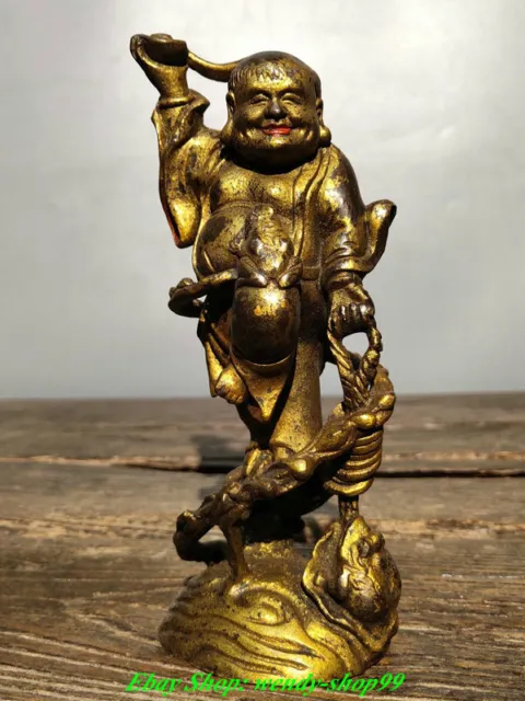 6" Old Chinese Bronze Gilt Folk Liuhai Buddha Play Golden Toad Wealth Statue