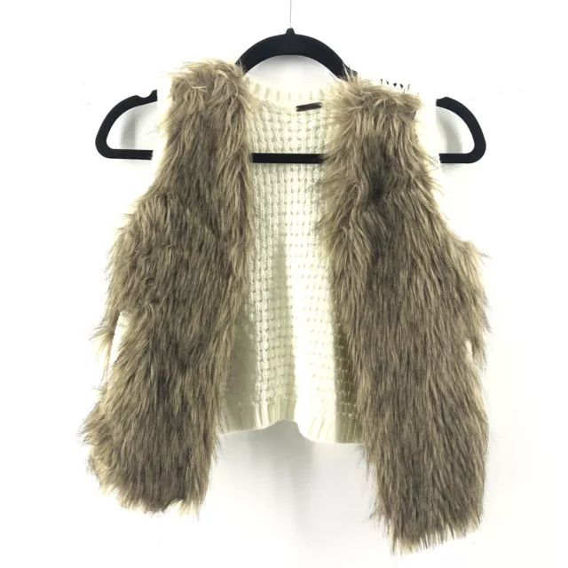 Poof Girl White Crochet Knit Faux Fur Panels Open Front Vest Girls Youth M 10/12
