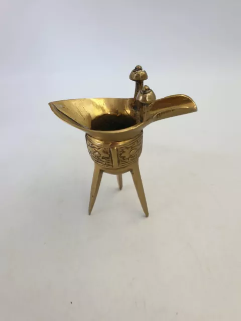 Vintage Chinese Solid Brass Ritual Tripod Wine Jue Libation Cup Ewer Ornate