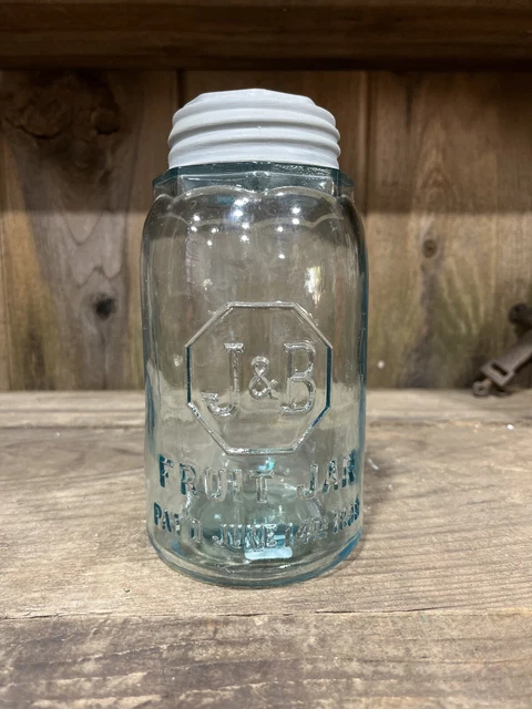 J&B FRUIT JAR PAT'D JUNE 14th 1898 QUART FRUIT JAR WITH OCTAGON ZINC LID