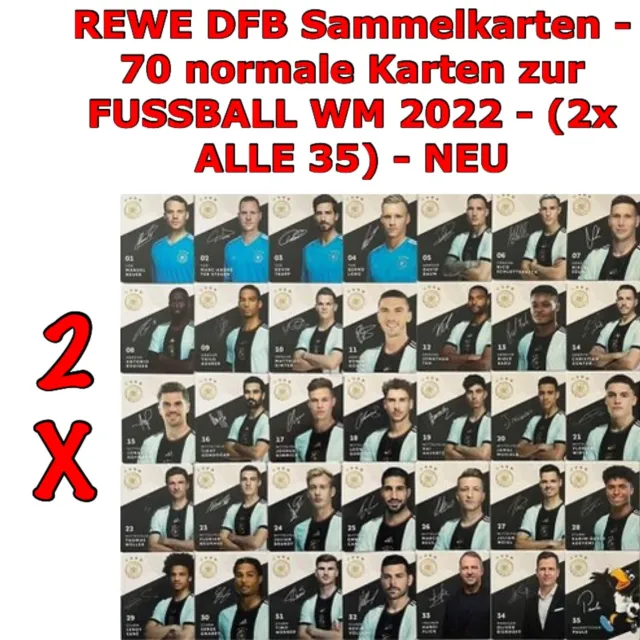 REWE DFB Sammelkarten - 70 normale Karten zur FUSSBALL WM 2022 -(2x ALLE 35) NEU