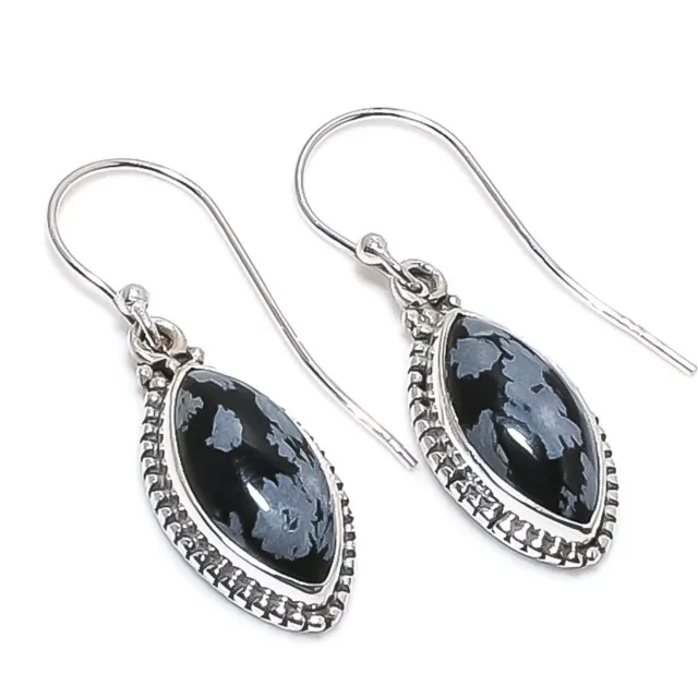 Snowflake Obsidian Gemstone 925 Solid Sterling Silver Jewelry Earring 1.50"