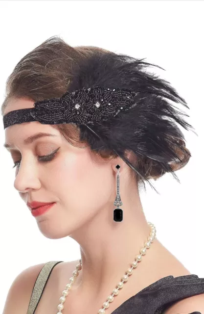 1920s Flapper Feather Headband, Showgirl Headpiece, Gatsby Style Black