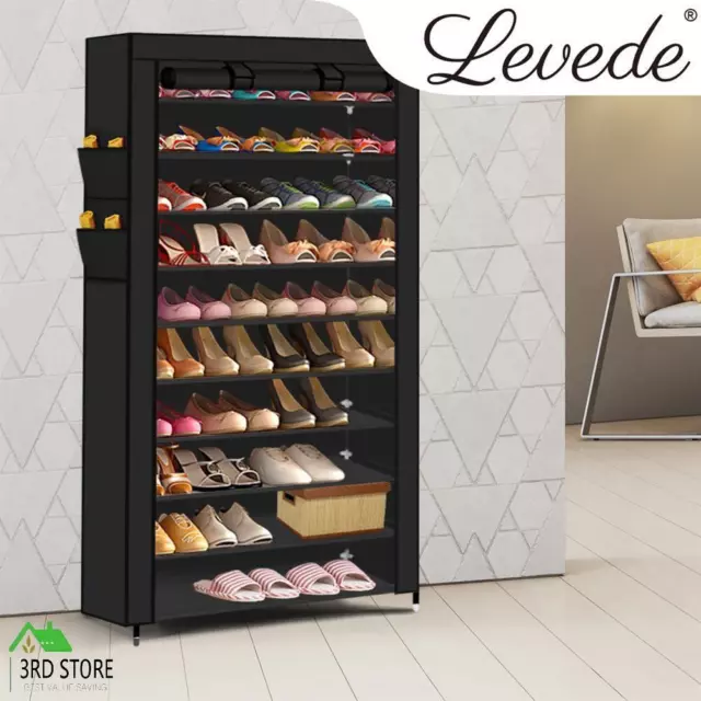 Levede 10 Tier Shoe Rack Portable Storage Cabinet Organiser Wardrobe Black Cover