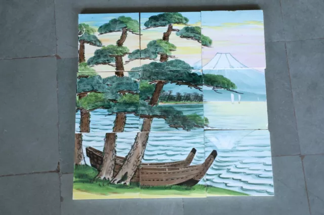 9 Pc Vintage Natural Lake Shore Scenery Design F.M Fish Mark Ceramic Tiles,Japan