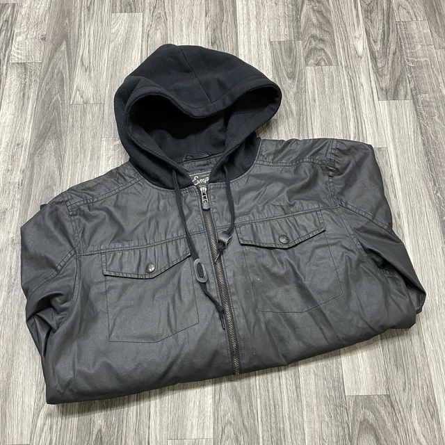 EMPYRE Full Zip Up Lined Faux Leather Black Hooded Basic Jacket Men's Size XL