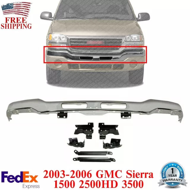 Front Bumper Chrome Steel with Brackets For 2003-06 GMC Sierra 1500 2500HD 3500