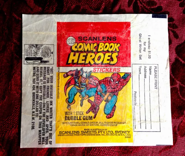 BUBBLE GUM WAX WRAPPER Scanlens 1974  COMIC BOOK HEROES  STICKERS RARE