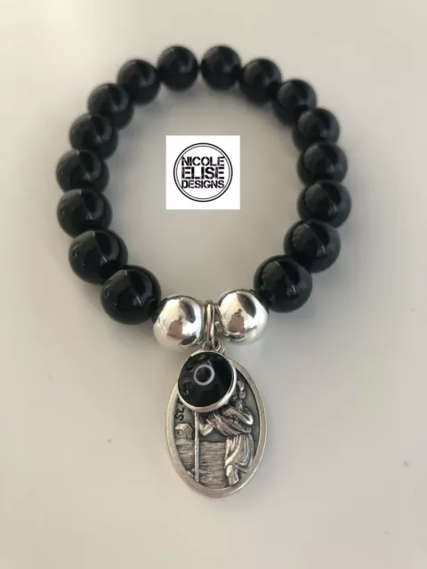 Black Agate Bracelet With St Christopher - Patron Saint Of Safe Travel Evil Eye