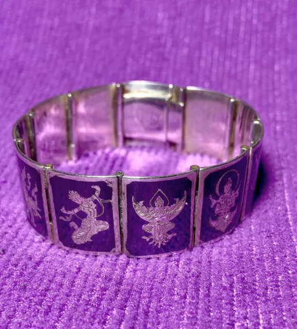 Vintage Siam Thailand Sterling Silver Nielloware 11 Panel Deity Link Bracelet