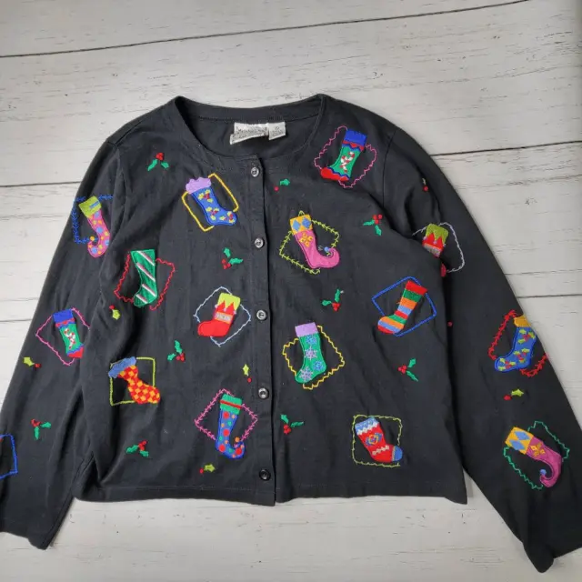 Michael Simon Lite Cardigan Sweater XL Black Embroidered Christmas Stockings