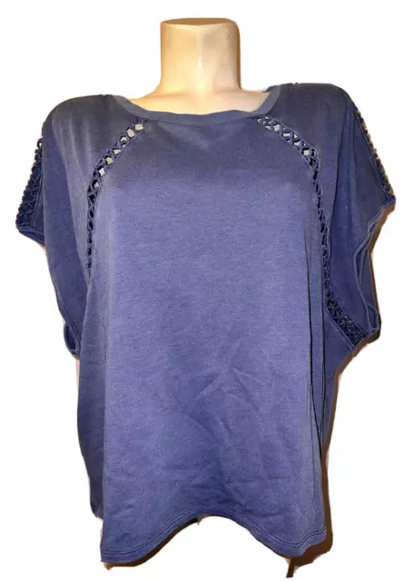 New DKNY JEANS Top Women's Size XL Dusty Blue Cutout-Detail SS Pullover Shirt