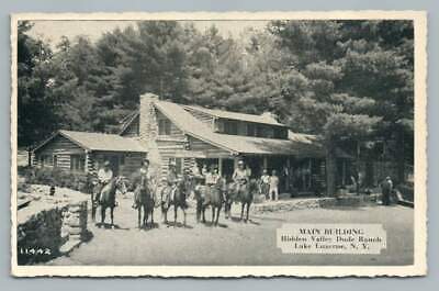 Hidden Valley Dude Ranch LAKE LUZERNE NY Vintage Horse Riding Postcard 1940