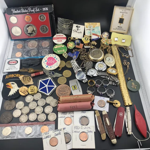 Vintage Junk Drawer Lot Old Coins Jewelry Military Items Pins Rings Old Estate 9000 Picclick