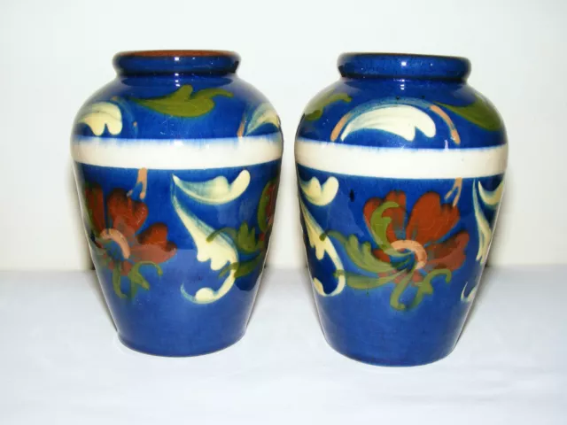 Watcombe Torquay  Devon  Decorated  High  Gloss  Pair  Blue  Vases  Height 5"