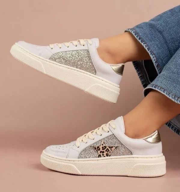 Leopard Silver Glitter White Gold Sneakers Teen Woman Causal Shoe Star