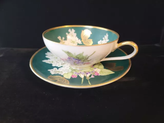 Beautiful KPM Cup & Saucer Set Dogwood Blossoms Green with Gold Highlights