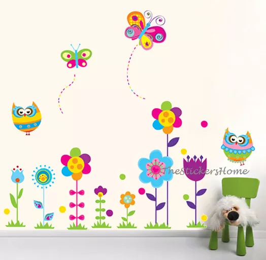 Colourful Owls Flower Tree Butterfly Wall Stickers Kids Nursery Floral Art Decal