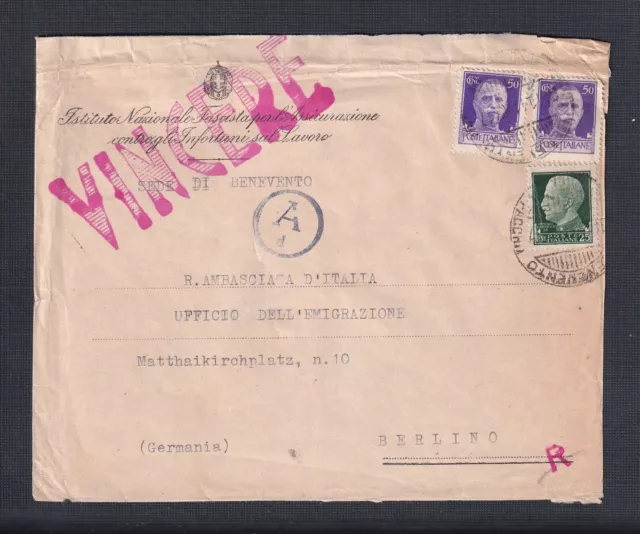 Italy 1941 'Vincere' Marking On Registered Fascist Cover Benevento To Berlin 