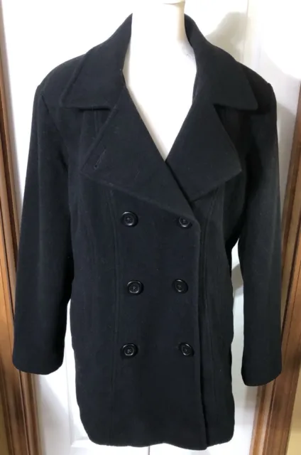 AK Anne Klein Wool Pea Coat Jacket Black Double Breasted Dressy Long Length L