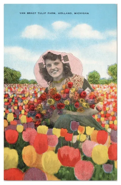 Holland Michigan Vintage Postcard Van Bragt Tulip Farm Woman with Flowers Unp.