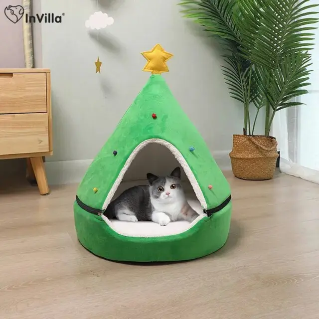 Christmas Cat Bed Dog Tent House Mat Pet Self-Warming 2 in 1 Cave Cute Sofa