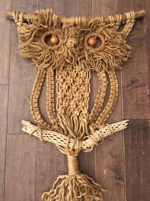 6’ 5” Vtg Macrame Owl 1970's Jute Wall Hanging Planter Boho Mid Century Modern!